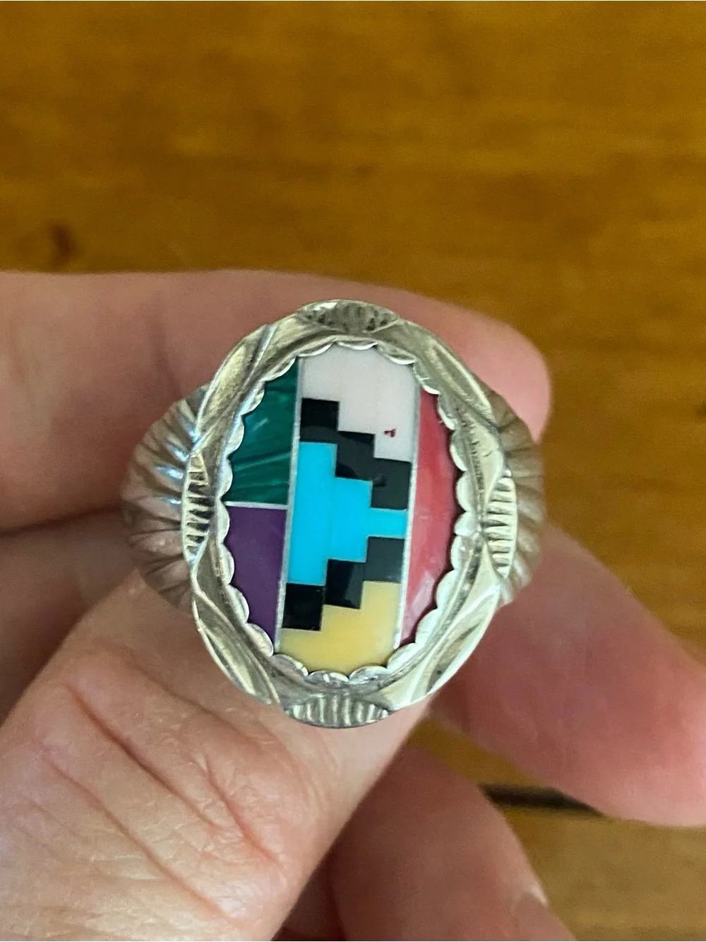 Vintage Native Sterling Silver Mosaic Multi Gemstone Inlay Men's Ring size 12